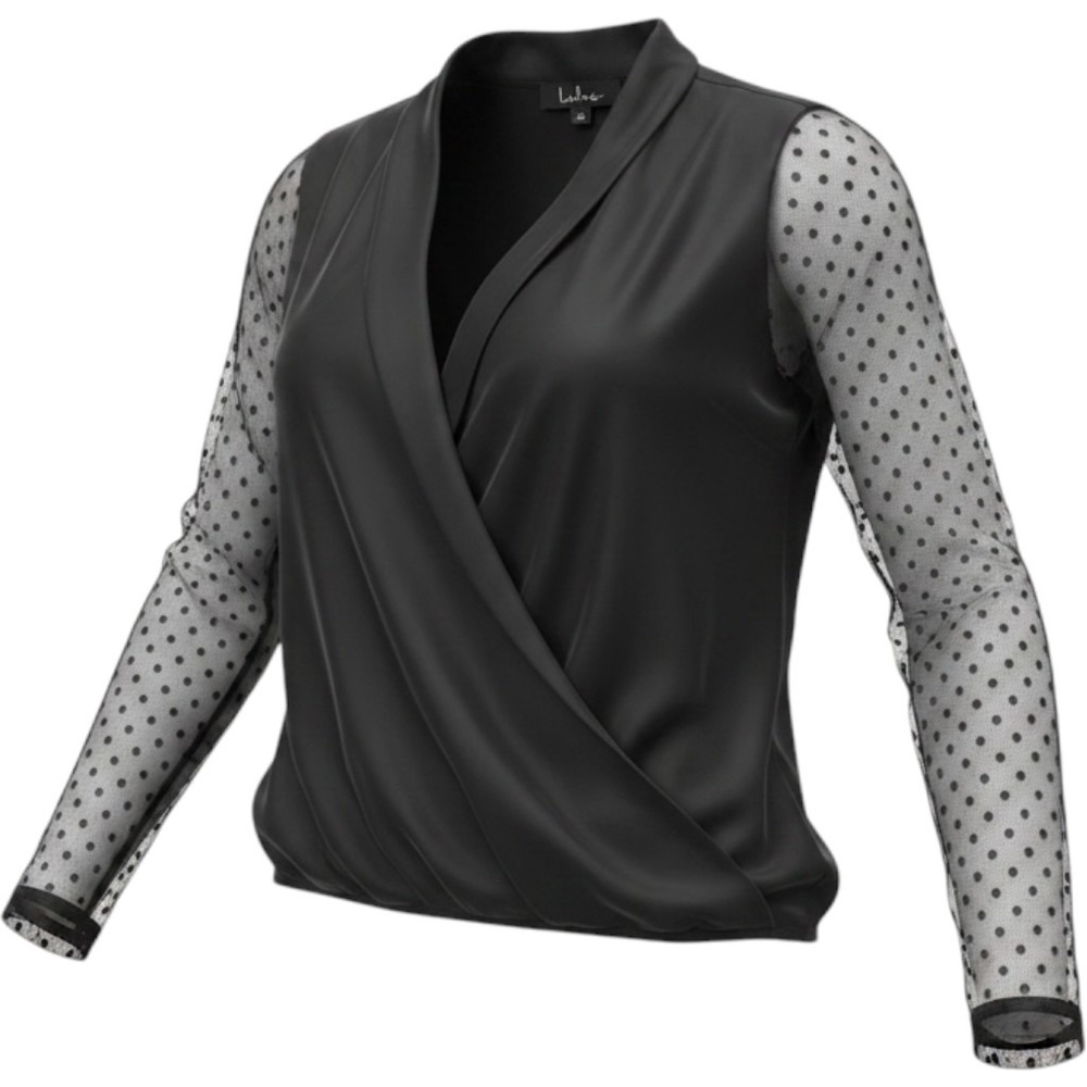 Lulus Black Surplice Wrap Blouse Sheer Mesh Polka Dot Long Sleeve Top Elegant
